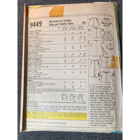 McCalls 9449 Clothes Pattern For Doll Size Large 19" to 22" 1968 - Picture 2 of 2